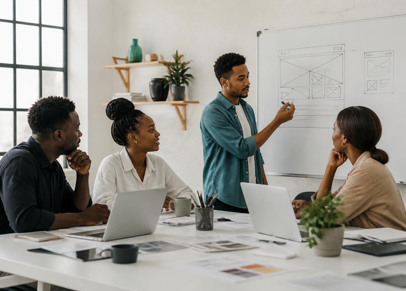 The Marketing.co.tz team reviewing a website wireframe in their studio