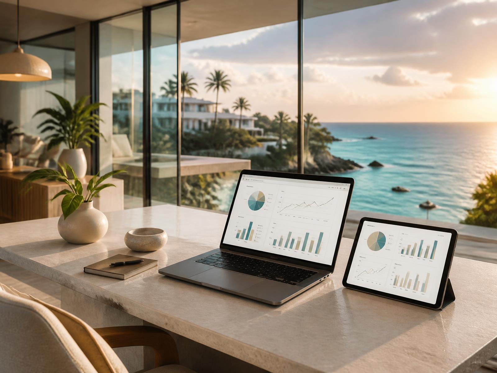Analytics dashboards on a laptop and tablet in a bright office overlooking the Zanzibar coastline